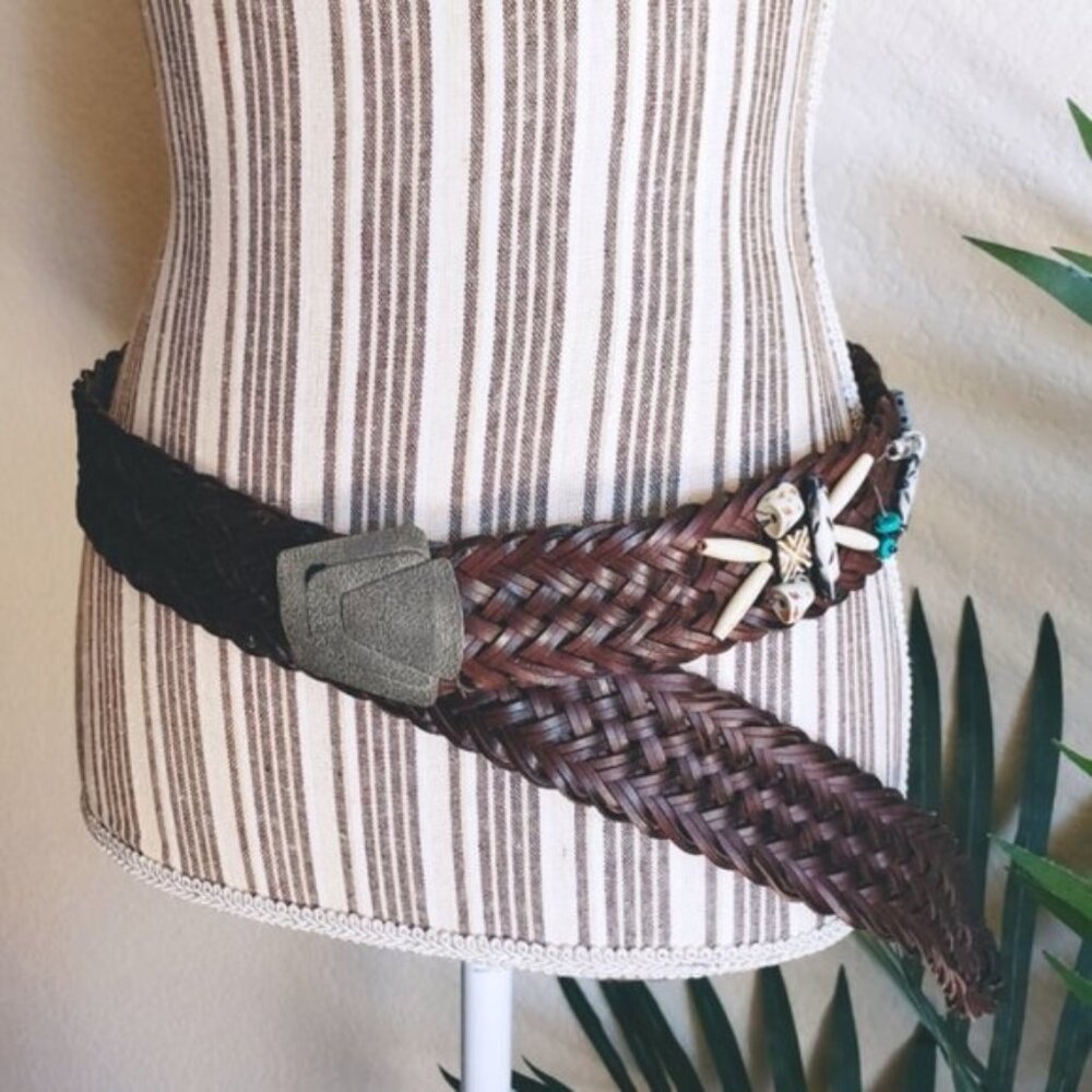 Vintage Bohemian Southwestern Braided Leather Belt Brown Beaded Art Deco Hippie